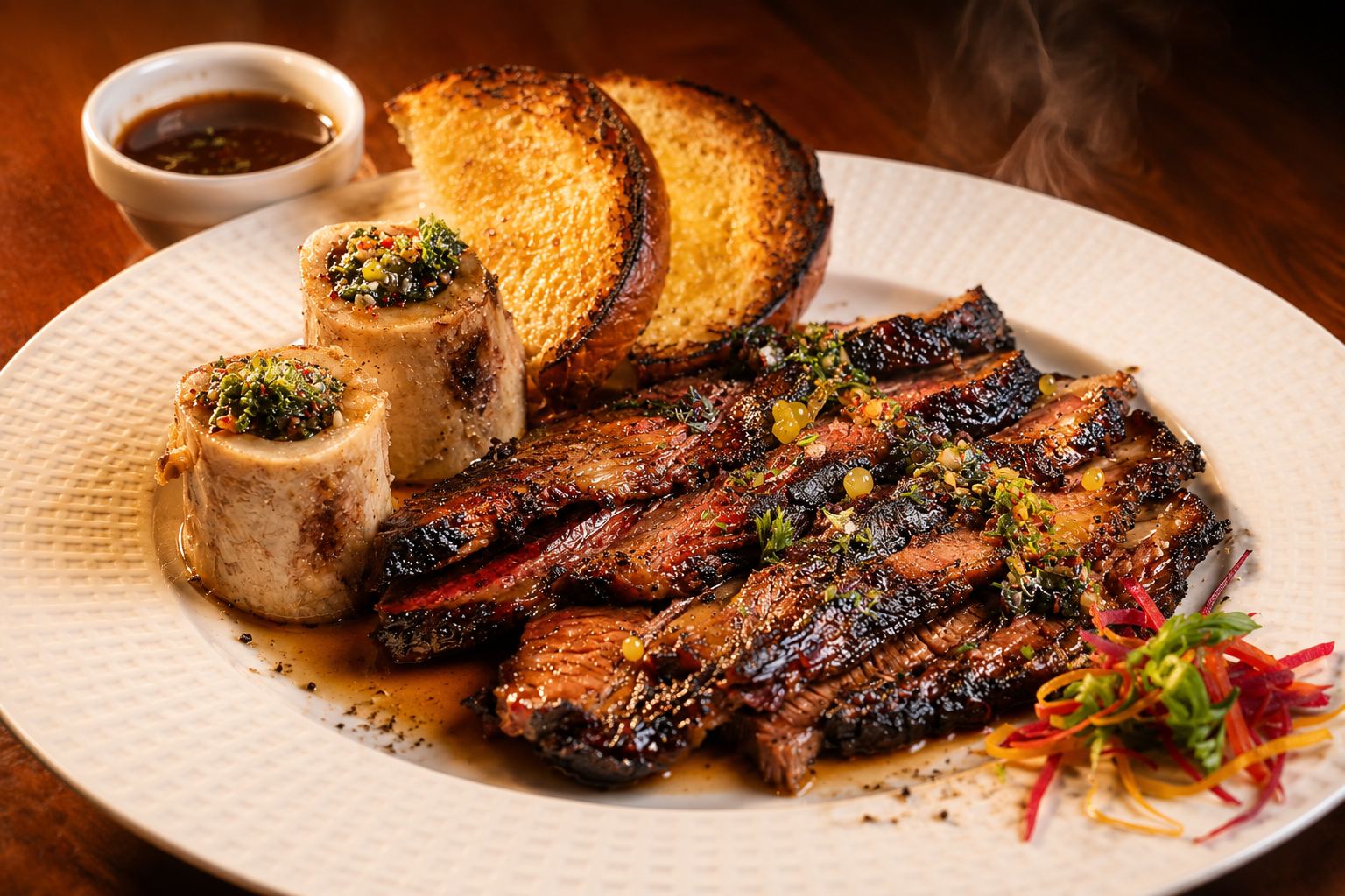 Slow-smoked beef brisket platter at Open Crave Bunker