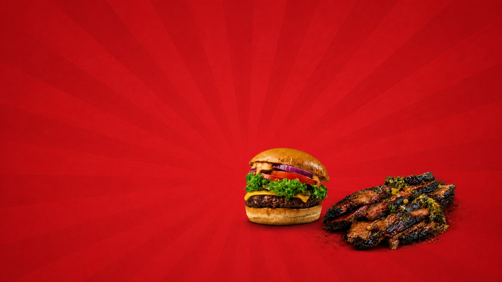 Smash burger and sliced beef brisket side by side at Open Crave Bunker
